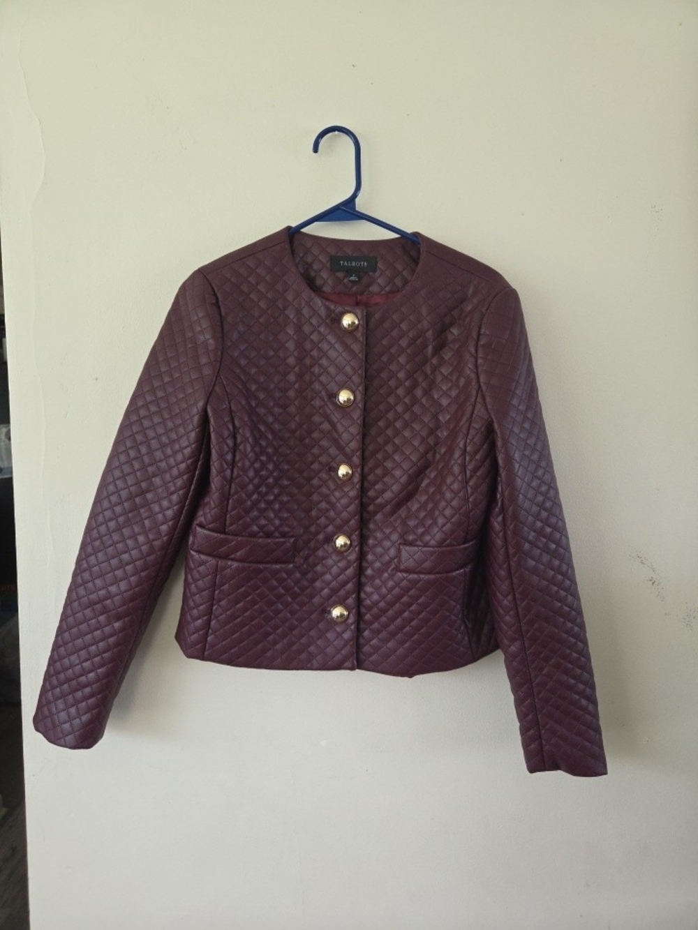 Talbots Quilted Wine  Faux Leather Jacket with Gold Buttons Sz 2
